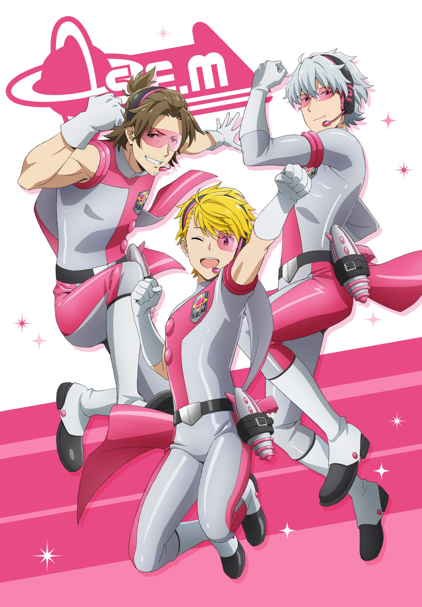 3boys ;) absurdres blonde_hair boots brown_hair clenched_hand clenched_hands energy_gun facial_hair full_body glasses gloves goatee grey_hair grin group_name hazama_michio headset highres idol idolmaster idolmaster_side-m looking_at_viewer maita_rui male_focus multiple_boys official_art one_eye_closed ray_gun s.e.m_(idolmaster) sleeveless smile starting_brighty_(idolmaster) stubble tanaka_yuusuke weapon white_gloves yamashita_jiro