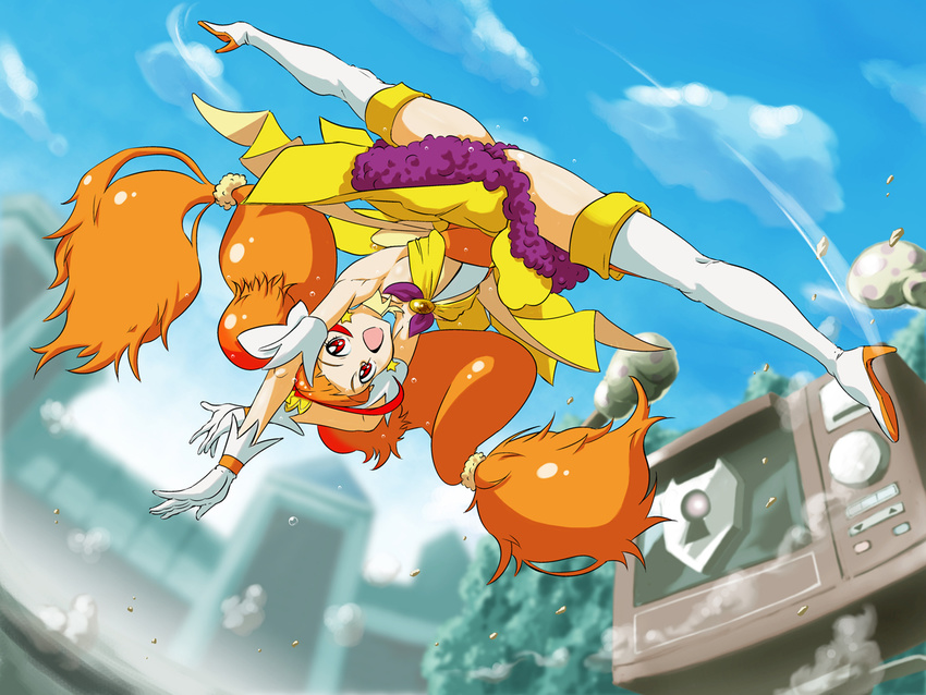 amanogawa_kirara bare_shoulders boots choker commentary_request cure_twinkle earrings female gloves go!_princess_precure jewelry long_hair magical_girl multicolored_hair orange_hair oven photoshop_(medium) precure purple_eyes shimotsuki_juugo smile solo spinning_bird_kick split spread_legs star_(symbol) star_earrings twintails two-tone_hair zetsuborg