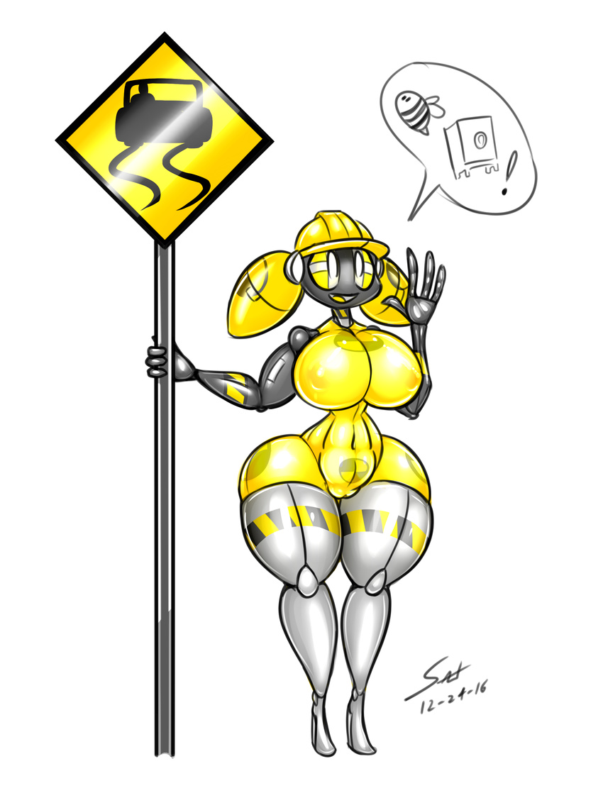 2016 absurd_res android animatronic arthropod bee big_breasts breasts clothing dialogue digital_media_(artwork) female genitals hat haylee_hardhat headgear headwear hi_res holding_object huge_breasts hymenopteran insects machine nipples non-mammal_breasts non-mammal_nipples not_furry pussy robot saliant short_stack signal signature simple_background solo talking_to_viewer thick_thighs twintails white_background wide_hips