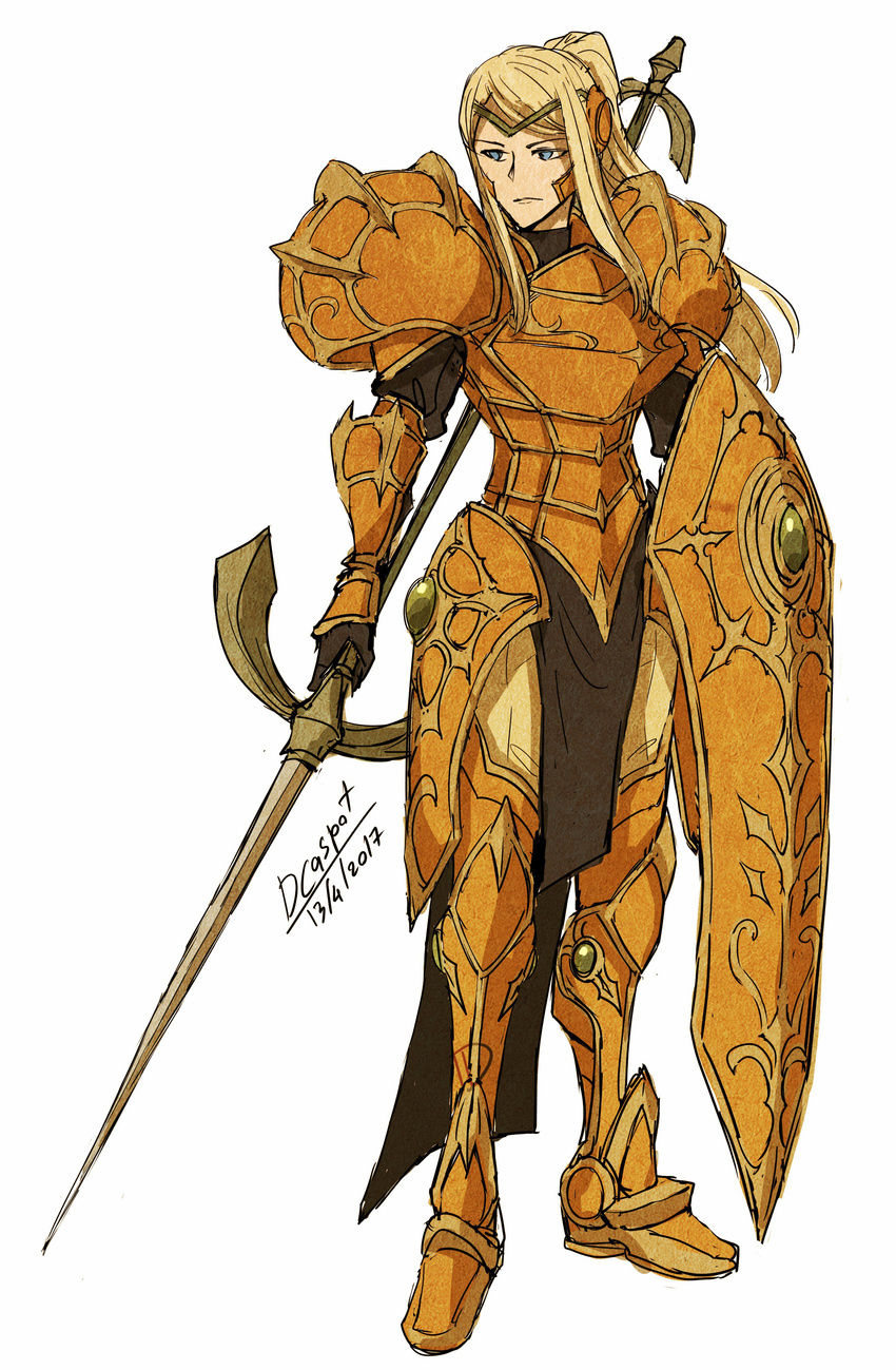 absurdres adapted_costume alternate_costume armor artist_name blonde_hair blue_eyes commentary dc9spot english_commentary female fire_emblem highres holding holding_polearm holding_weapon long_hair looking_at_viewer metroid no_headwear parody pelvic_curtain polearm ponytail samus_aran shield solo spear varia_suit weapon