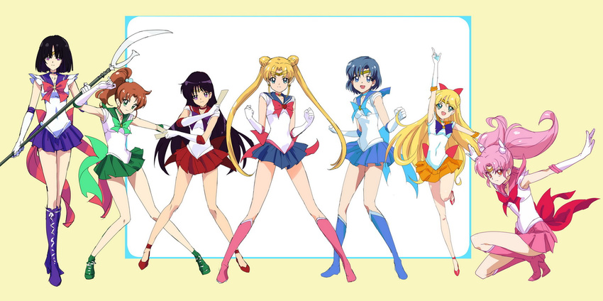 6+girls aino_venus back_bow bare_legs bishoujo_senshi_sailor_moon black_hair blonde_hair blue_choker blue_eyes blue_footwear blue_hair blue_sailor_collar blue_skirt boots bow brooch brown_hair chibi_usa choker commentary_request double_bun elbow_gloves glaive_(polearm) gloves green_choker green_eyes green_footwear green_sailor_collar green_skirt hair_bun hairbow heart heart_brooch highres hino_rin holding holding_polearm holding_weapon jewelry kino_kanari knee_boots long_hair magical_girl makacoon mizuno_aina multiple_girls orange_sailor_collar orange_skirt pink_eyes pink_hair polearm ponytail purple_eyes purple_footwear purple_sailor_collar purple_skirt red_bow red_choker red_sailor_collar red_skirt sailor_collar sailor_jupiter sailor_jupiter_pose sailor_mars sailor_mercury sailor_mercury_pose sailor_moon sailor_saturn sailor_senshi sailor_senshi_uniform sailor_venus sailor_venus_pose short_hair silence_glaive skirt staff tiara tomoe_hotaru tsukino_koyomi twintails weapon white_gloves