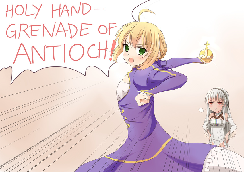 2girls ahoge altera_(fate) artoria_pendragon_(fate) blonde_hair blue_dress blush commentary dress english_text explosive fate/grand_order fate/stay_night fate_(series) green_eyes grenade grey_hair highres holy_hand_grenade long_hair looking_at_viewer monty_python monty_python_and_the_holy_grail multiple_girls open_mouth red_eyes saber_(fate) setia_pradipta short_hair smile speech_bubble thighhighs white_legwear