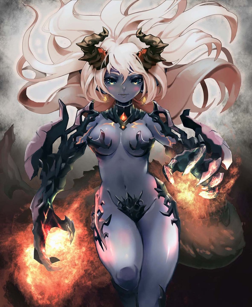 bad_id bad_pixiv_id blue_skin blush breasts colored_skin demon_girl demon_horns female flame_=_glass highres horns long_hair looking_at_viewer medium_breasts mengshou_hanji navel original photoshop_(medium) pointy_ears solo standing standing_on_one_leg very_long_hair white_hair