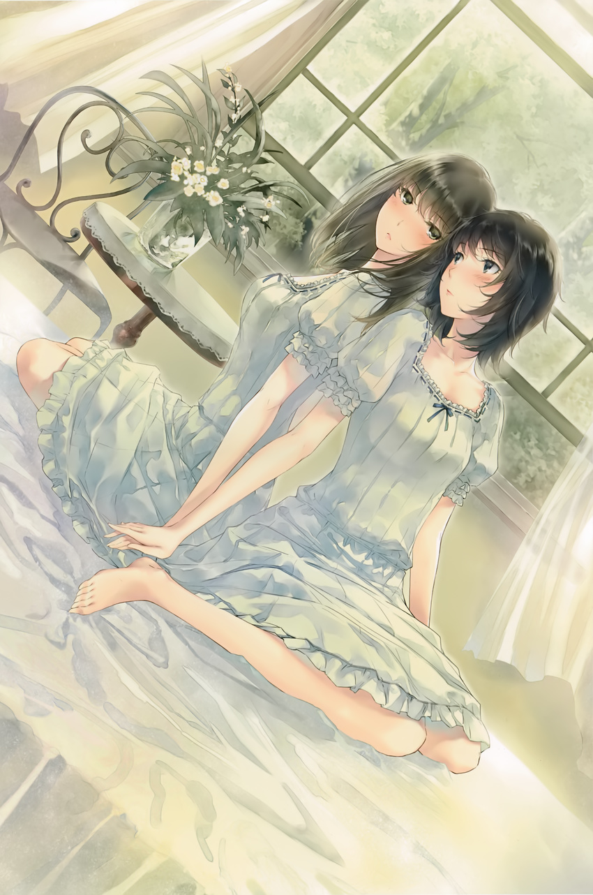 2girls absurdres barefoot blush brown_hair chair curtains dress dutch_angle feet flower flowers_(innocent_grey) full_body green_eyes green_hair grey_eyes highres holding_hands indoors medium_hair multiple_girls ribbon-trimmed_clothes ribbon_trim short_hair sitting sugina_miki table takasaki_chidori vase window yaegaki_erika yuri