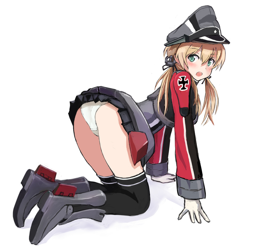 all_fours ass bad_id bad_pixiv_id blonde_hair blue_eyes commentary_request female flat_ass from_side full_body gloves hat highres kantai_collection karashi_(tou_gara_shi) long_hair panties peaked_cap prinz_eugen_(kancolle) revision simple_background solo twintails underwear uniform white_background white_panties