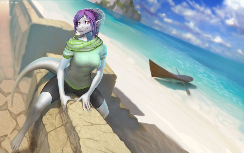 anthro beach biped bottomwear clothed clothing day detailed_background dragon female hair horn looking_at_viewer maya_(kukulkan) mythological_creature mythological_scalie mythology outside sand scalie seaside shorts sitting sky smile solo tail totesfleisch8 water