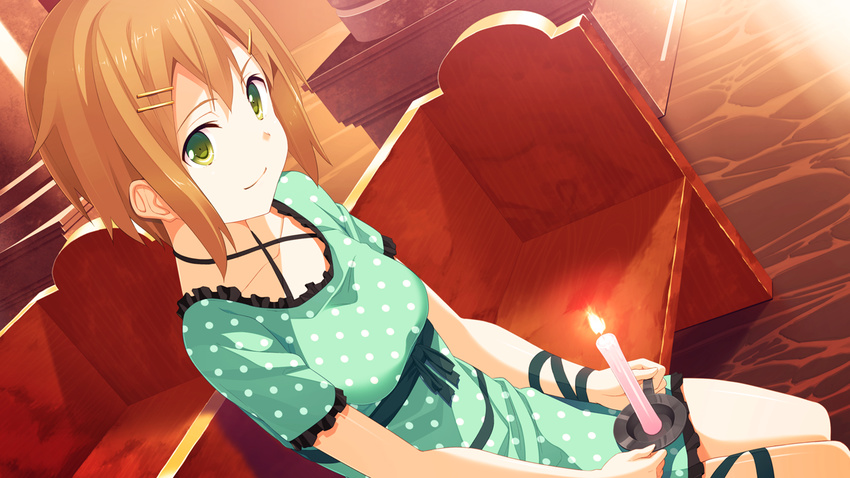 bench breasts brown_hair candle church dress dutch_angle fire game_cg green_eyes hair_ornament hairclip highres kinta looking_at_viewer mayachi_(amuriya) short_hair sitting small_breasts smile solo thighs valkyrie_runabout!