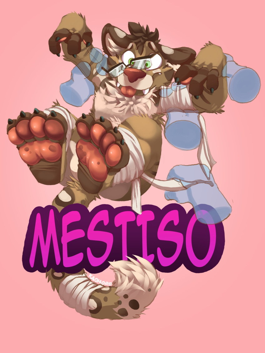 2017 3:4 4_toes anthro blush chest_tuft claws digital_drawing_(artwork) digital_media_(artwork) disembodied_hand extinct eyewear feet felid fur glasses green_eyes group hi_res hindpaw jason_(mestiso) kaomoroart male mammal mestiso multicolored_body multicolored_fur nude pawpads paws prehistoric_species saber-toothed_tiger simple_background solo_focus teeth text toe_claws toes tongue tongue_out tuft