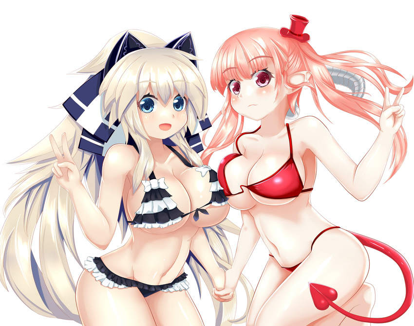 2girls :d absurdres animal_ears armpits astaroth_(the_seven_deadly_sins) astaroth_(uchi_no_hime-sama) asymmetrical_docking barefoot bikini black_bikini blue_eyes blue_ribbon blush bow bow_bikini breast_press breasts cleavage closed_mouth collarbone commentary_request cowboy_shot crossover demon_girl demon_horns demon_tail fake_animal_ears floating_hair frilled_bikini frills from_side front-tie_bikini_top front-tie_top frown groin hair_ribbon halterneck hand_up hat high_ponytail highres hip_focus holding_hands horns interlocked_fingers large_breasts leg_lift long_hair looking_at_viewer mini_hat mini_top_hat multiple_girls name_connection navel open_mouth pink_hair pointy_ears ponytail purple_eyes red_bikini red_hat ribbon shiny_skin sideboob sidelocks simple_background smile split_ponytail strap_gap string_bikini swimsuit tail the_seven_deadly_sins thighs top_hat twintails uchi_no_hime-sama_ga_ichiban_kawaii underboob v very_long_hair white_background white_bikini white_bow white_hair zu_sha_bing