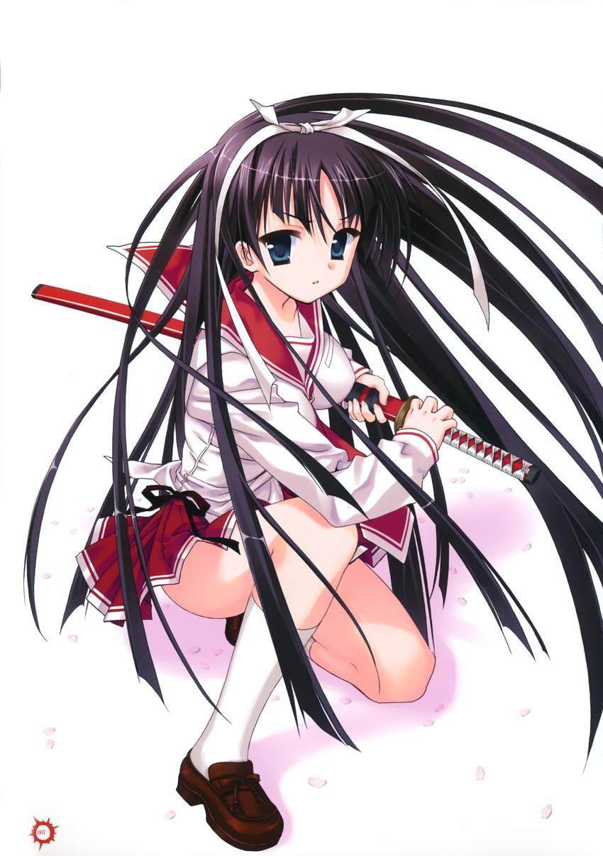 black_hair female female green_eyes hair_ribbon hairband hidan_no_aria highres hotogi_shirayuki kobuichi long_hair ribbon serious solo squatting very_long_hair