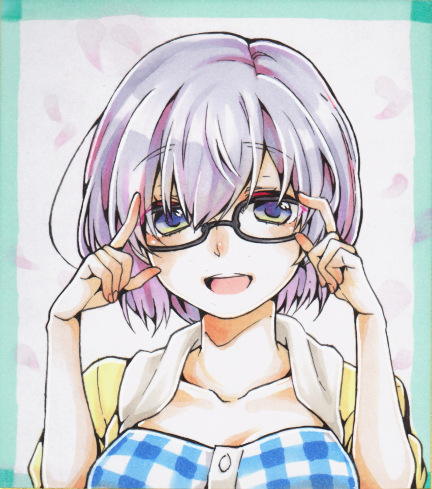 :d adjusting_eyewear black-framed_eyewear blue_eyes commentary_request fate/grand_order fate_(series) female highres kurumikko marker_(medium) mash_kyrielight mash_kyrielight_(senpai_killer_outfit) official_alternate_costume open_mouth purple_hair simple_background smile solo traditional_media upper_body