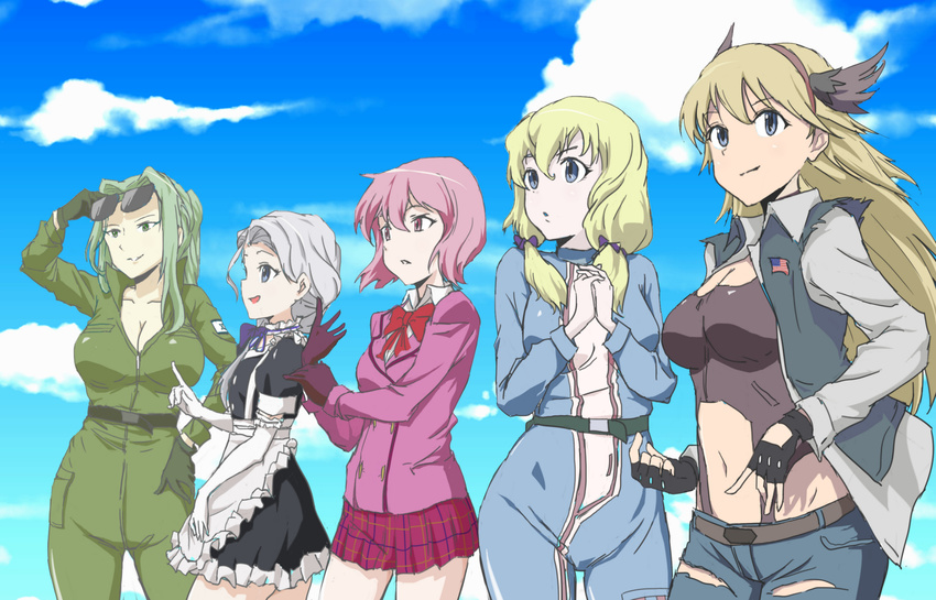 5girls :o adjusting_clothes adjusting_eyewear adjusting_gloves american_flag apron belt blazer blonde_hair blue_eyes bodysuit bow bowtie breasts buttons catherine_weller choker christine_waldegard cleavage cloud collared_shirt commentary_request cowboy_shot daisan_hikou_shoujo-tai day denim elbow_gloves eyewear_on_head fingerless_gloves frilled_apron frills gloves green_eyes green_hair grey_hair hair_between_eyes hair_over_shoulder hairband hairbow hand_on_own_hip hand_up head_wings high_ponytail highres hitotose_aria interlocked_fingers israeli_flag jacket jumpsuit large_breasts light_smile lineup long_hair long_sleeves looking_to_the_side low_ponytail low_twintails maid midriff miniskirt multiple_girls navel noa_ashkenazi open_clothes open_mouth open_shirt open_vest outdoors own_hands_together parted_lips pink_eyes pink_hair plaid plaid_skirt pleated_skirt pointing ponytail school_uniform shiotani shirobako shirt short_hair sidelocks skirt sky small_breasts standing sunglasses tatiana_yakovlev torn_clothes turtleneck twintails vest waist_apron wings zipper