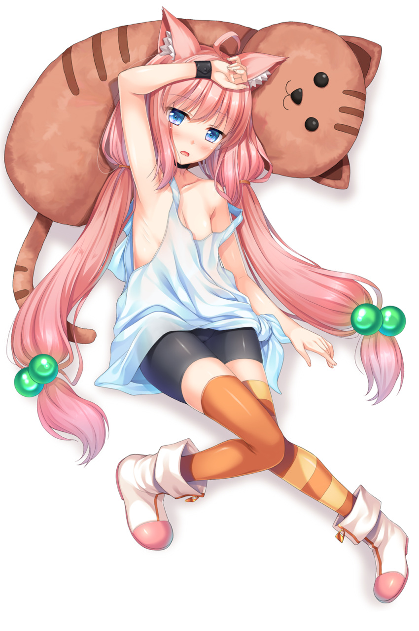 ahoge animal_ear_fluff animal_ears arm_on_own_head arm_up armpits asymmetrical_legwear bare_shoulders bike_shorts blue_eyes blush boots cat_ears choker collarbone commentary_request female flat_chest hair_bobbles hair_ornament highres hinata_channel knees_together_feet_apart long_hair low_twintails lying mismatched_legwear nekomiya_hinata no_nipples on_back open_mouth orange_legwear pink_hair shorts simple_background solo strap_slip striped_clothes striped_thighhighs stuffed_toy thighhighs twintails vest virtual_youtuber watch white_background white_footwear white_vest wristwatch yoruda