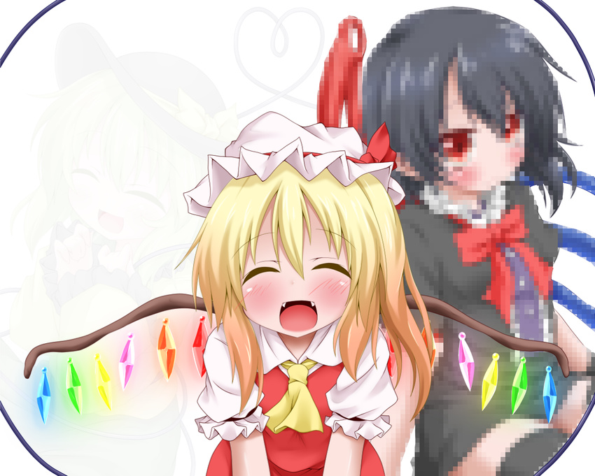 3girls asymmetrical_wings black_hair blonde_hair blush censored commentary_request fangs flandre_scarlet hat hat_ribbon houjuu_nue komeiji_koishi mosaic_censoring multiple_girls oden_(th-inaba) red_eyes ribbon smile stage_connection touhou transparent wings