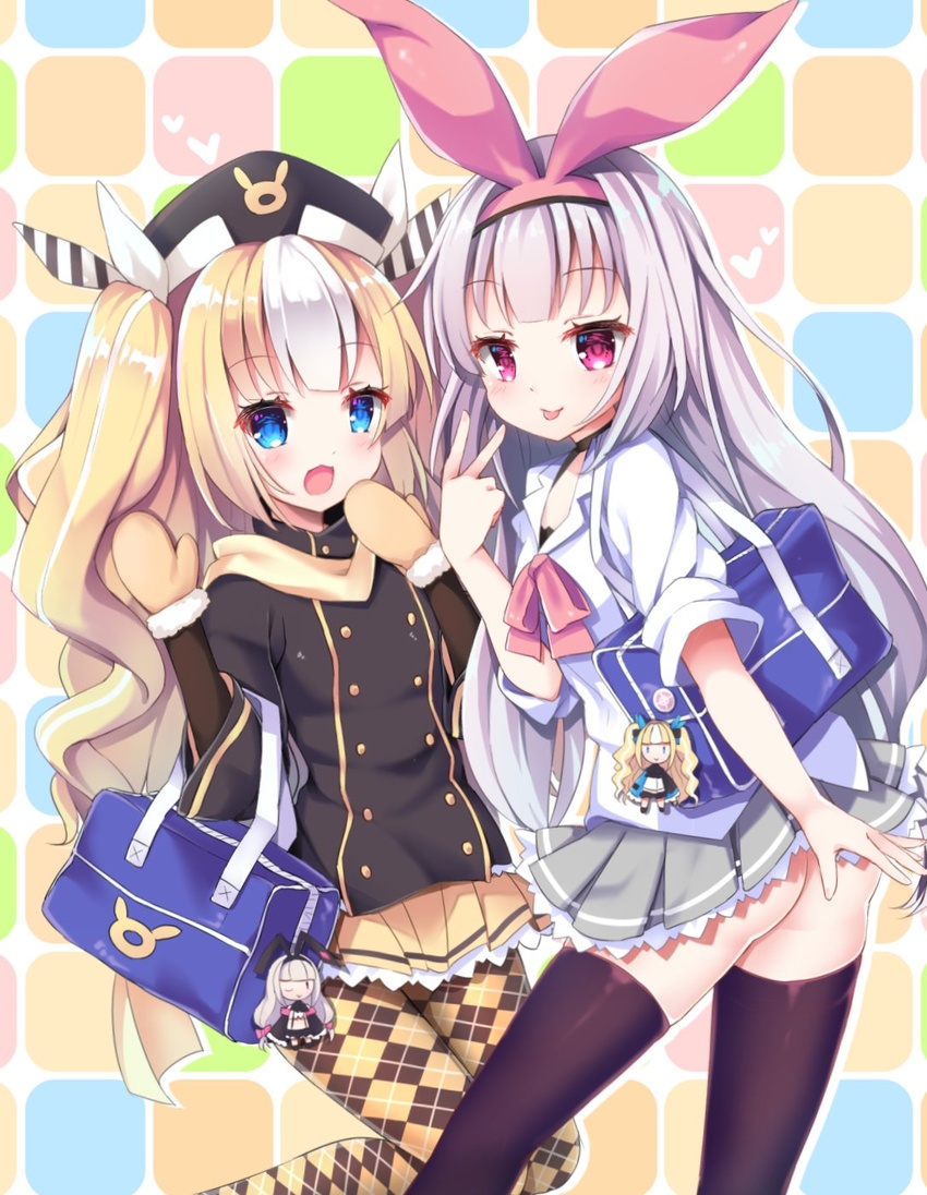 2girls :d :p alternate_costume argyle_clothes argyle_pantyhose ass azur_lane bag bag_charm black_jacket blonde_hair blue_eyes blush brown_mittens brown_thighhighs character_charm character_doll charm_(object) closed_mouth collared_shirt commentary_request diagonal_stripes fur-trimmed_mittens fur_trim grey_hair grey_skirt hair_ribbon hat heart highres hobby_(azur_lane) hobby_(little_idol_schoolgirl)_(azur_lane) jacket kalk_(azur_lane) kalk_(snow_fairy_schoolgirl)_(azur_lane) karaage3 long_hair long_sleeves looking_at_viewer mittens multicolored_hair multiple_girls open_mouth pantyhose pink_ribbon pleated_skirt purple_eyes ribbon school_bag school_uniform shirt skirt smile streaked_hair striped striped_ribbon thighhighs tongue tongue_out v very_long_hair waving white_hair white_ribbon white_shirt yellow_skirt