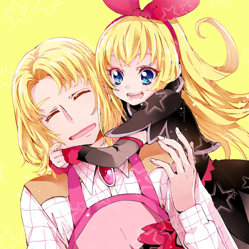 1boy apron arm_warmers blonde_hair blue_eyes bow cheek_pull chiyo_(rotsurechiriha) closed_eyes commentary_request cropped_jacket dokidoki!_precure dress female hairbow highres hug joe_okada long_hair open_mouth precure regina_(dokidoki!_precure) smile star_(symbol)