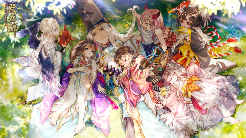 3girls 4boys :o abe_no_seimei_(onmyoji) aged_down bare_shoulders barefoot beads between_legs black_hair black_wings blonde_hair blue_eyes bow bracer bridal_gauntlets brown_hair closed_eyes closed_mouth commentary_request eyeliner father's_day feathered_wings feathers flower gauntlets grass green_eyes hair_between_eyes hair_flower hair_ornament hand_between_legs hand_on_another's_head hat head_on_another's_shoulder headpiece highres hikimayu holding holding_another's_hair holding_mask horns hug itsumade_(onmyoji) japanese_clothes jewelry kaguya_hime_(onmyoji) kanzashi kimono leaf light_brown_hair light_rays logo long_hair long_sleeves looking_at_another looking_at_viewer lying lying_on_person makeup mask mask_on_head menreiki monster_girl multiple_boys multiple_girls nine-year obi official_art on_back on_stomach onmyoji onmyouji ootengu_(onmyoji) open_mouth outdoors outstretched_arms parted_lips pink_bow pink_flower prayer_beads print_kimono purple_bow red_eyes red_skirt ribbon ribbon-trimmed_clothes ribbon-trimmed_sleeves ribbon_trim ring saishi sash seiza short_hair sitting skirt sleeping sleeping_on_person smile spread_arms tassel tate_eboshi tengu tengu_mask traditional_youkai unworn_mask very_long_hair white_hair wide_sleeves winged_arms wings yamakaze_(onmyoji) yasha_(onmyoji) yellow_eyes