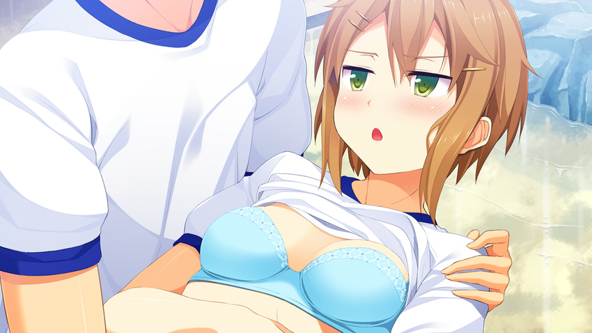 blue_bra blush bra breasts brown_hair cleavage embarrassed female game_cg green_eyes gym_uniform highres kinta looking_up lying mayachi_(amuriya) shirt_lift short_hair small_breasts solo_focus underwear valkyrie_runabout! water