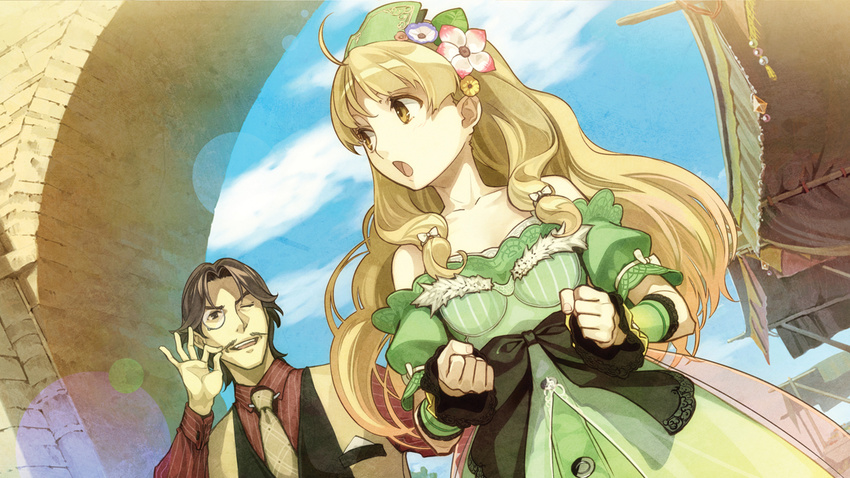 1boy :o atelier_(series) atelier_ayesha ayesha_altugle blonde_hair bow brown_eyes brown_hair clenched_hands dress dutch_angle facial_hair female flower fur_trim game_cg hair_flower hair_ornament harry_olson hat hidari_(left_side) long_hair monocle moustache necktie off-shoulder_dress off_shoulder official_art one_eye_closed photoshop_(medium) ribbon short_hair smile touching_mustache waist_bow