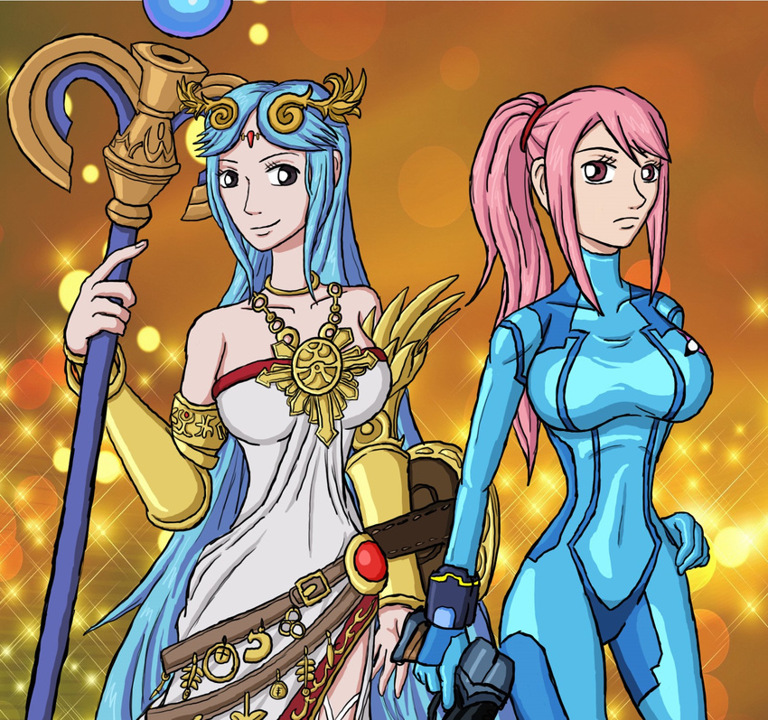 2girls bare_shoulders black_eyes blue_hair breasts brown_eyes commentary cosplay dress gun hair_ornament handgun highres holding holding_gun holding_weapon jewelry kid_icarus long_hair metroid multiple_girls narrow_waist nefertari_vivi one_piece palutena palutena_(cosplay) paralyzer parody pink_hair ponytail rebecca_(one_piece) samus_aran samus_aran_(cosplay) shield smile staff super_smash_bros. tiara weapon zero_suit