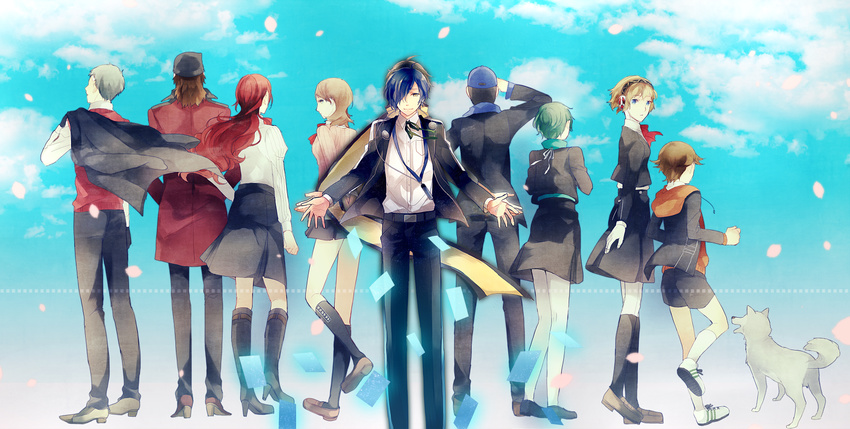 4girls 6+boys aegis_(persona) amada_ken aragaki_shinjirou back-to-back beanie black_hair blonde_hair brown_hair canine coat commentary_request gekkoukan_high_school_uniform hat headphones highres iori_junpei kirijou_mitsuru koromaru_(persona) lineup long_hair mentaishi mochizuki_ryouji multiple_boys multiple_girls persona persona_3 sanada_akihiko scarf school_uniform short_hair smile trench_coat yamagishi_fuuka yukari_takeba yuuki_makoto_(persona_3)