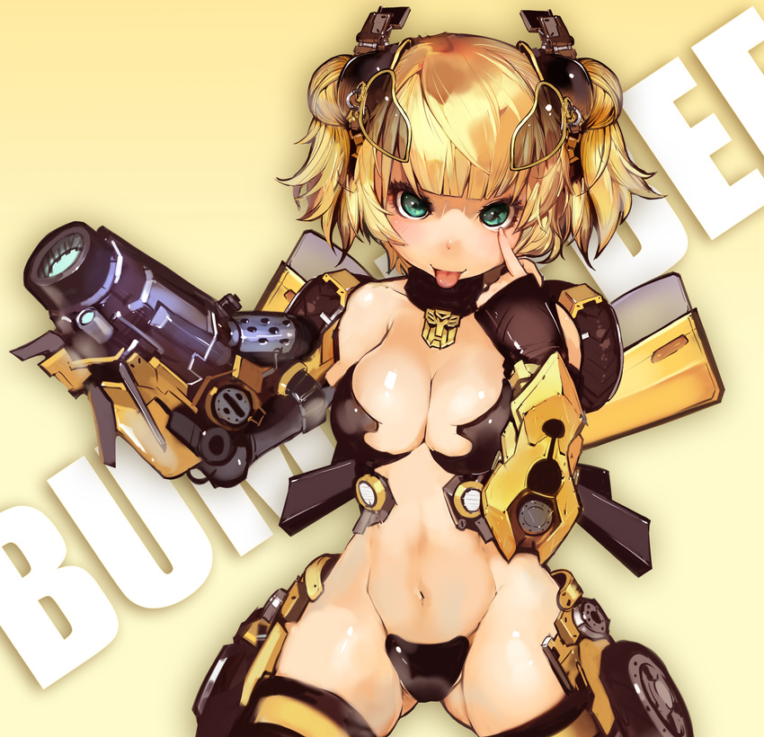 akanbe autobot bebe1999 blonde_hair breasts bumblebee_(transformers) cleavage commentary_request double_bun eyelid_pull female green_eyes hair_bun headgear highres humanization large_breasts mecha_musume navel photoshop_(medium) short_hair thighhighs tongue tongue_out transformers transformers:_age_of_extinction transformers_(live_action) weapon