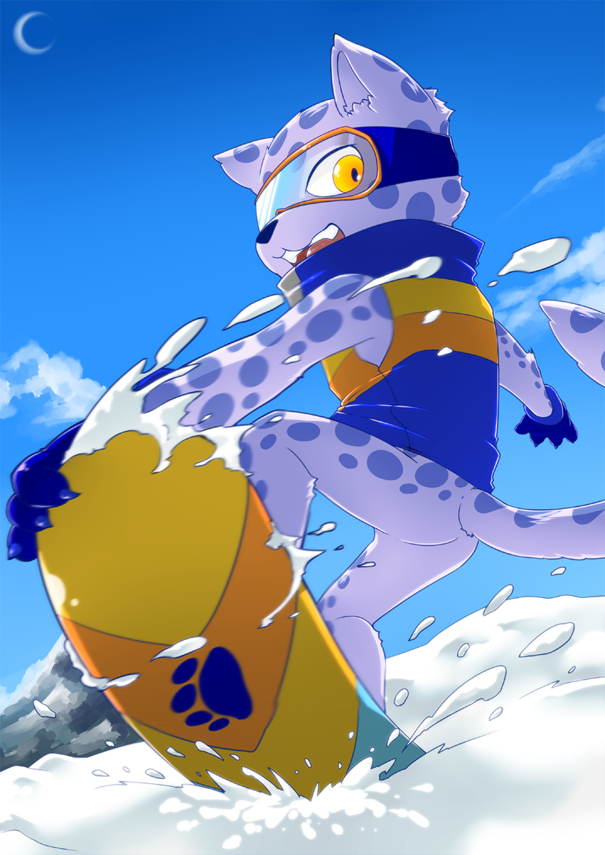 anthro ass bemani blue_body blue_fur bottomless clothed clothing cloud coat day ehime_mikan eyewear felid fur goggles hi_res inner_ear_fluff konami looking_at_viewer male mammal moon ollie_(pop'n_music) open_mouth outside pantherine pop'n_music smile snow snow_leopard snowboard snowboarding solo teeth tongue topwear tuft yellow_eyes