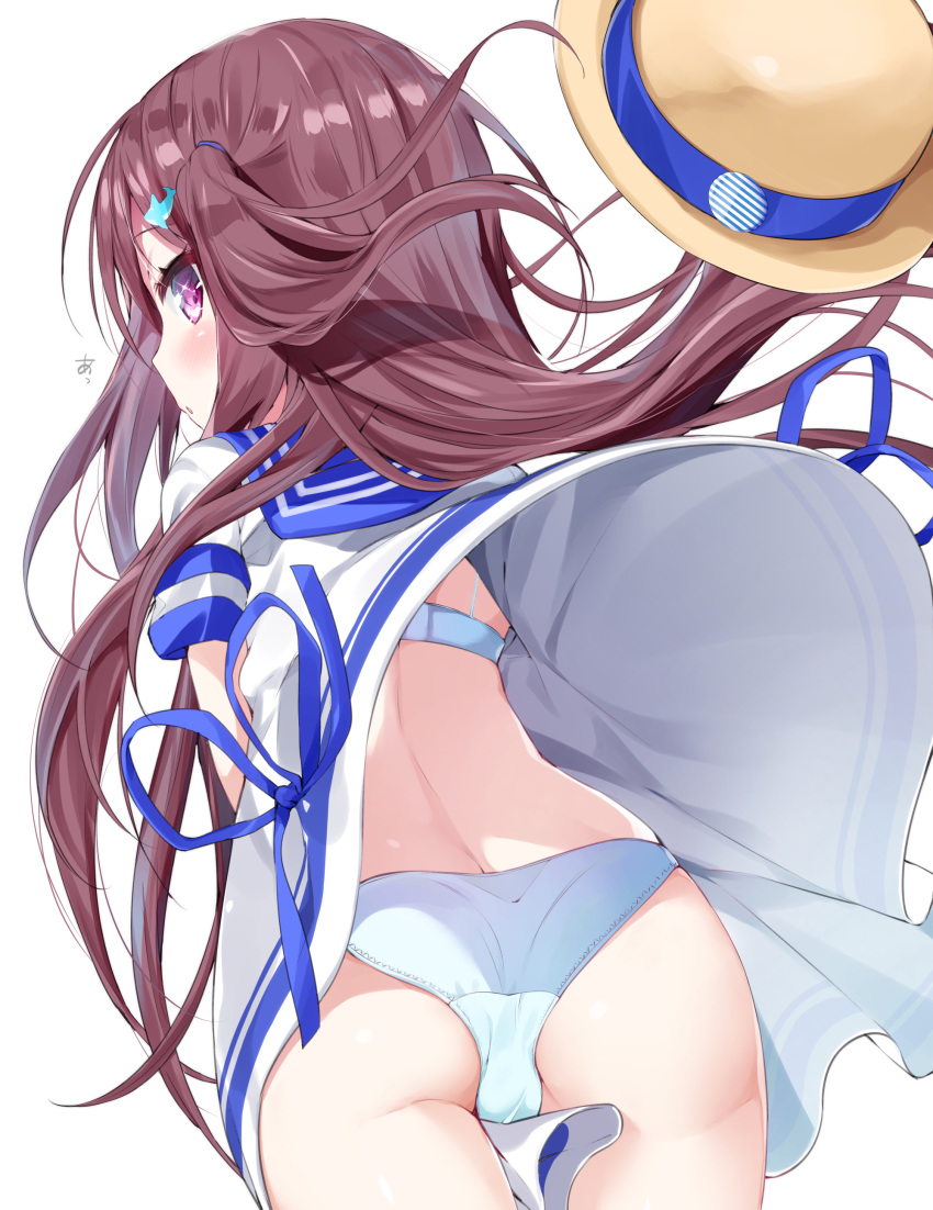 absurdres ass blue_bra blue_panties blue_ribbon blue_sailor_collar blush bra brown_hair clothes_lift commentary_request dolphin_hair_ornament dress dress_lift extended_upskirt female hair_ornament hair_tie hat highres kamioka_shun'ya long_hair looking_at_viewer looking_back marin_(kamioka_shun'ya) one_side_up original panties parted_lips profile purple_eyes ribbon sailor_collar sailor_dress short_sleeves simple_background solo underwear unworn_hat unworn_headwear upskirt very_long_hair white_background white_dress wind wind_lift