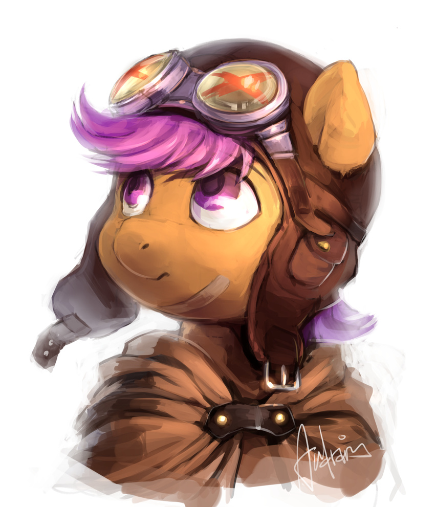 2015 anthro audrarius aviator_cap band-aid bandage digital_media_(artwork) equid eyewear female friendship_is_magic fur goggles hair hasbro hi_res mammal my_little_pony orange_body orange_fur pilot purple_eyes purple_hair scootaloo_(mlp) solo