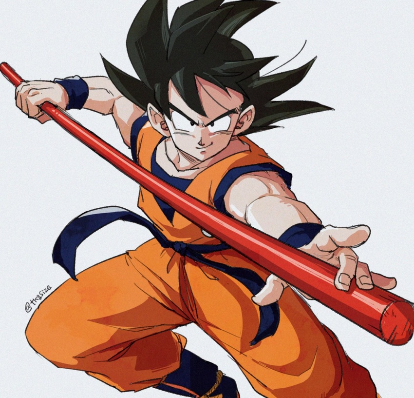 1boy black_eyes black_hair boots commentary_request dougi dragon_ball dragon_ball_z fighting_stance fingernails grey_background image_sample looking_at_viewer male_focus nyoibo shaded_face short_hair simple_background smile son_gokuu spiked_hair tkgsize twitter_sample twitter_username wristband