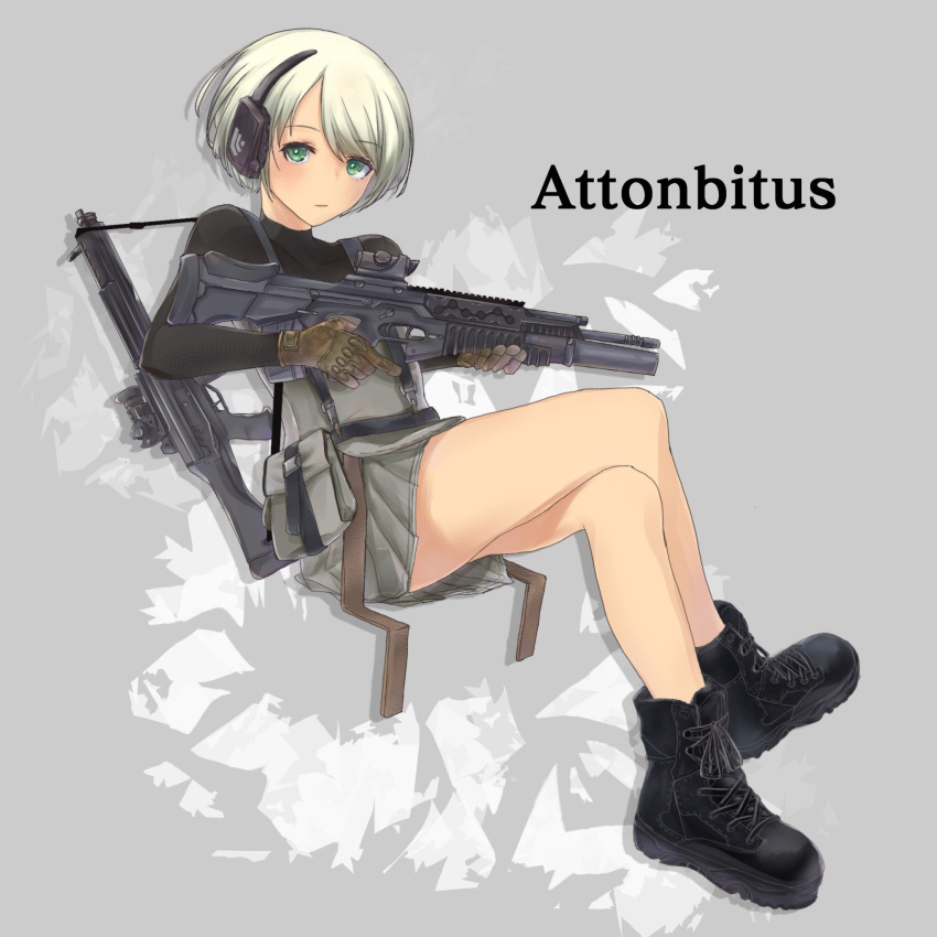 blonde_hair boots commentary female gloves green_eyes gun headphones highres holding holding_gun holding_weapon moririn original pouch short_hair simple_background sitting solo weapon