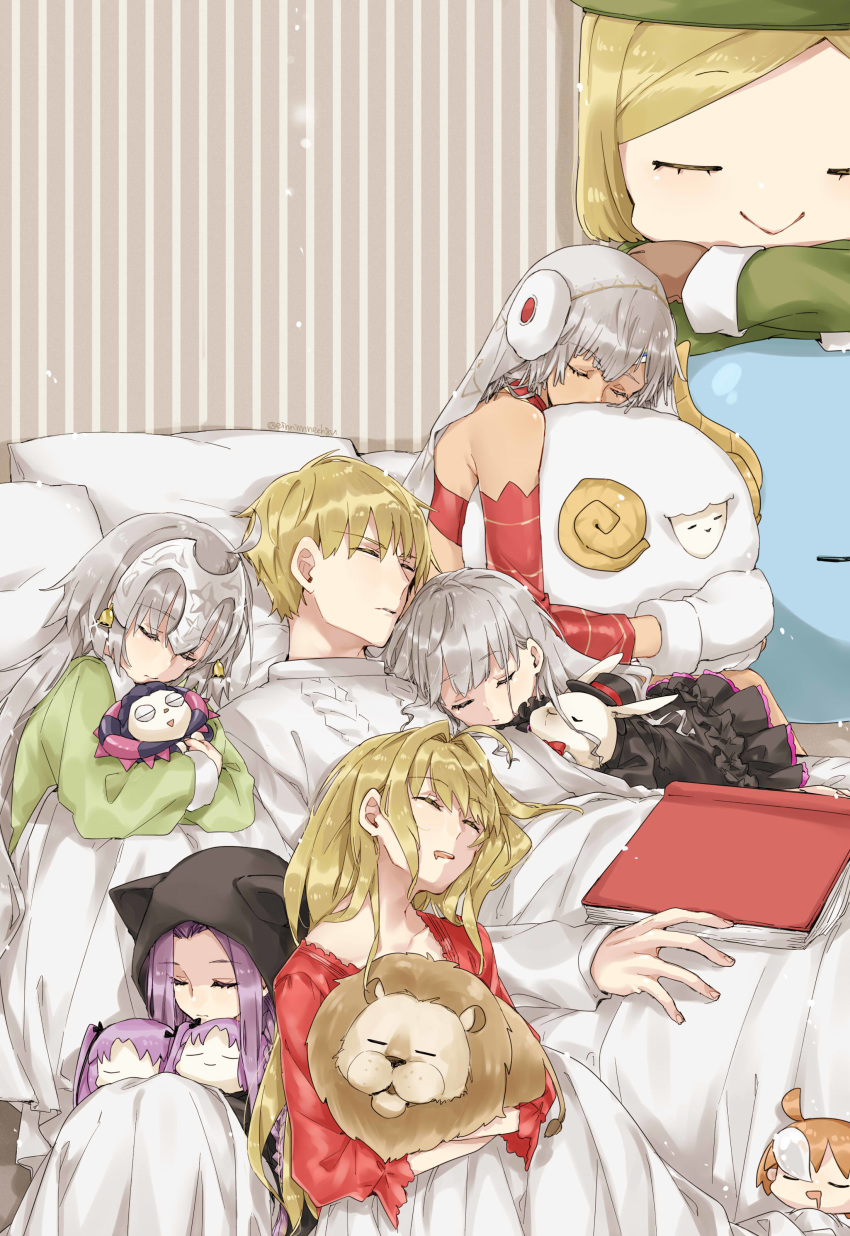 1boy 6+girls 88_(einnimnech) absurdres ahoge altera_(fate) altera_the_santa_(fate) babe_(fate) blonde_hair commentary dark-skinned_female dark_skin euryale_(fate) fate/extella fate/extra fate/grand_order fate_(series) fujimaru_ritsuka_(female) gilgamesh_(fate) gilles_de_rais_(caster)_(fate) girl_sandwich hat headpiece highres holding hood jeanne_d'arc_alter_santa_lily_(fate) long_hair long_sleeves medusa_(fate) medusa_(lancer)_(fate) multiple_girls nero_claudius_(fate) nero_claudius_(fate/extra) nursery_rhyme_(fate) paul_bunyan_(fate) purple_hair sandwiched sheep short_hair sleeping stheno_(fate) symbol-only_commentary very_long_hair