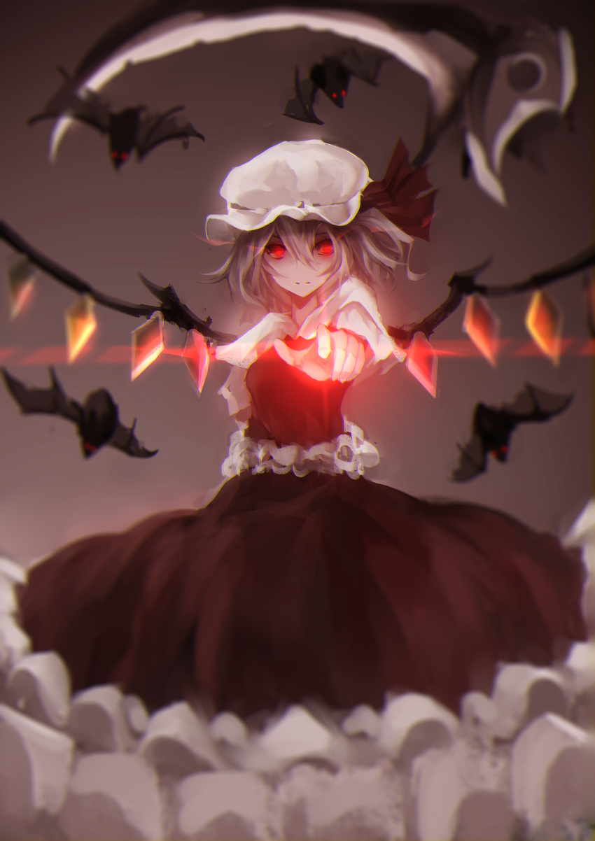 absurdres arm_behind_back bad_id bad_pixiv_id bat_(animal) blurry depth_of_field female flandre_scarlet glowing glowing_eyes glowing_finger hat highres light_smile looking_at_viewer mob_cap outstretched_arm pointing pointing_at_viewer red_eyes rotain scythe shirt skirt skirt_set solo touhou wings