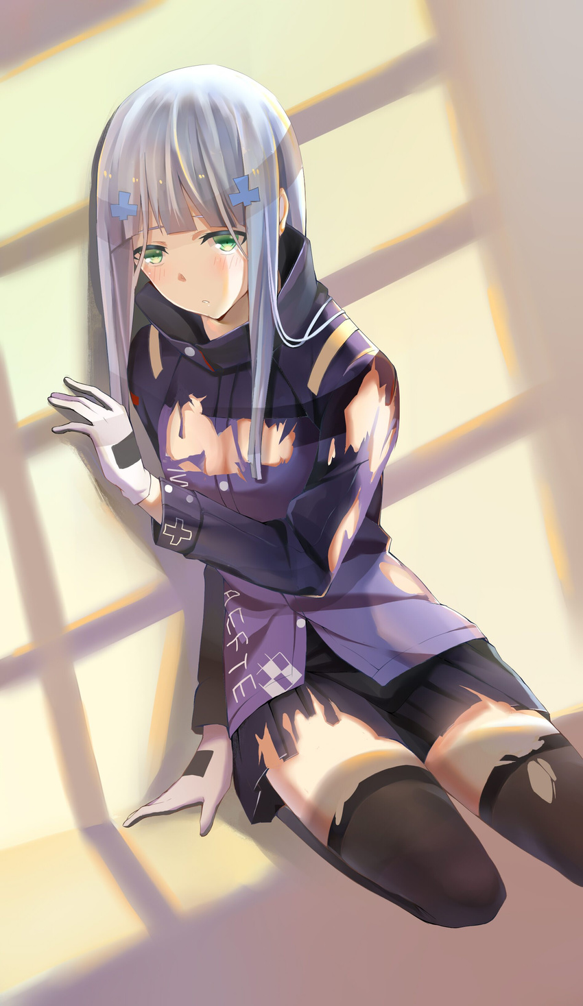 absurdres blush breasts cleavage commentary_request female girls'_frontline gloves green_eyes grey_hair hair_ornament highres hk416_(girls'_frontline) long_hair looking_at_viewer medium_breasts shirt skirt solo thighhighs torn_clothes torn_shirt torn_skirt torn_thighhighs x_hair_ornament yft000