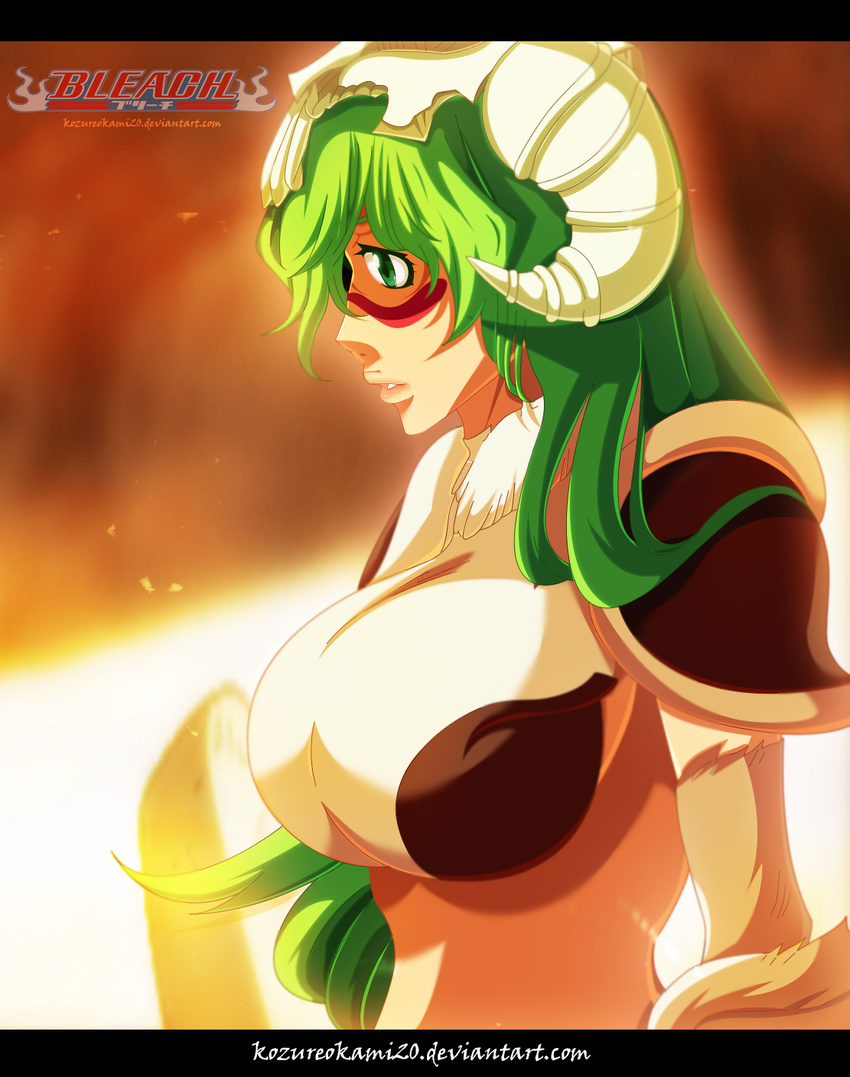 anime_coloring armor arrancar bad_id bad_pixiv_id bleach blood breasts facial_mark female green_hair highres kozureokami20 large_breasts looking_away nelliel_tu_odelschwanck oekaki parted_lips self-upload serious solo sword weapon