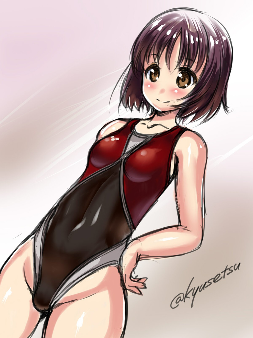 alina_(girls_und_panzer) arena_(company) brown_eyes brown_hair commentary_request covered_navel cowboy_shot dutch_angle female girls_und_panzer groin habutae_kyusetsu highres short_hair smile solo standing swimsuit twitter_username