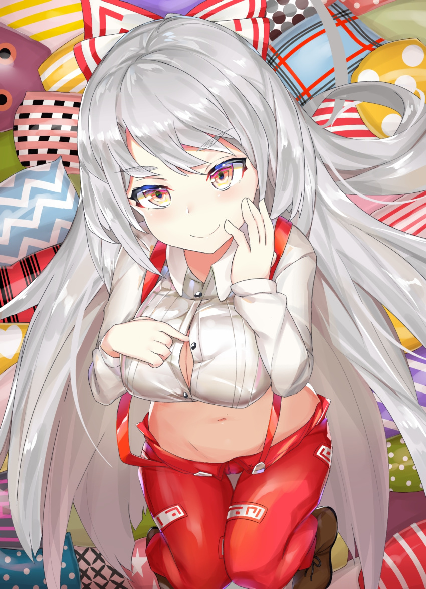 ashu bow breasts brown_footwear buttons cleavage closed_mouth collared_shirt commentary_request cropped_shirt female from_above fujiwara_no_mokou grey_hair hairbow hand_on_own_chest hand_on_own_face hands_up head_tilt highres long_hair long_sleeves looking_at_viewer looking_up midriff navel ofuda ofuda_on_clothes open_clothes open_fly open_pants pants partially_unbuttoned pillow red_eyes red_pants shirt shoes smile solo stomach suspenders thigh_gap touhou tsurime very_long_hair white_shirt wing_collar