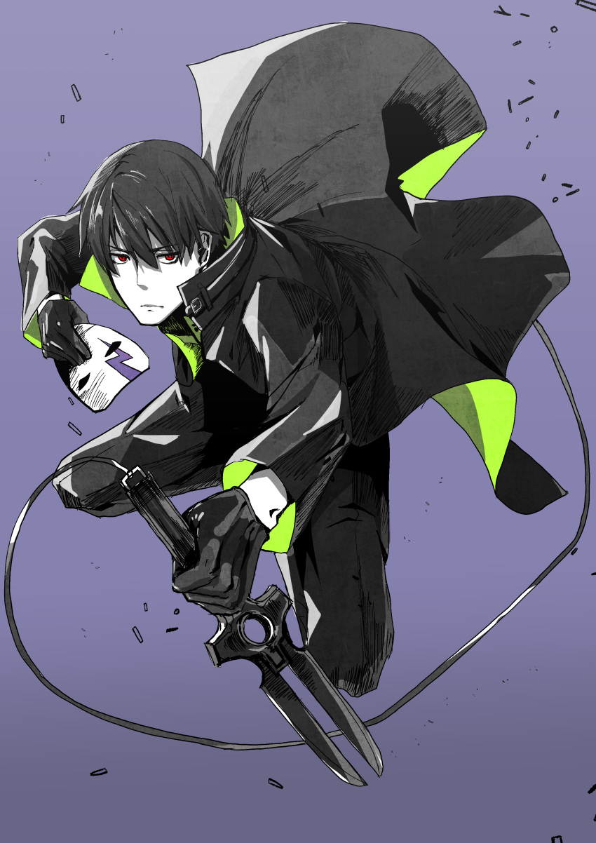 1boy absurdres black_hair coat commentary_request dagger darker_than_black gloves hei_(darker_than_black) highres knife limited_palette male_focus mask moririn red_eyes simple_background solo unworn_mask weapon