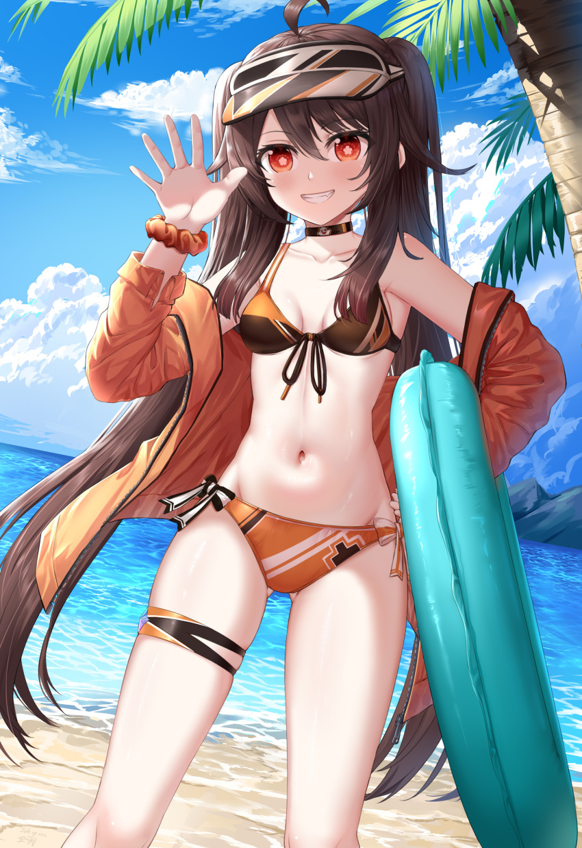 absurdres ahoge bad_id bad_pixiv_id bare_shoulders beach bikini blue_sky brown_hair cloud commentary_request day female front-tie_bikini_top front-tie_top genshin_impact hand_up highres holding holding_swim_ring hu_tao_(genshin_impact) innertube jacket long_hair long_sleeves mismatched_bikini navel ocean off_shoulder open_clothes open_jacket orange_jacket outdoors red_eyes sky skym_(kumei) solo standing stomach swim_ring swimsuit thigh_strap thighs twintails very_long_hair visor_cap water