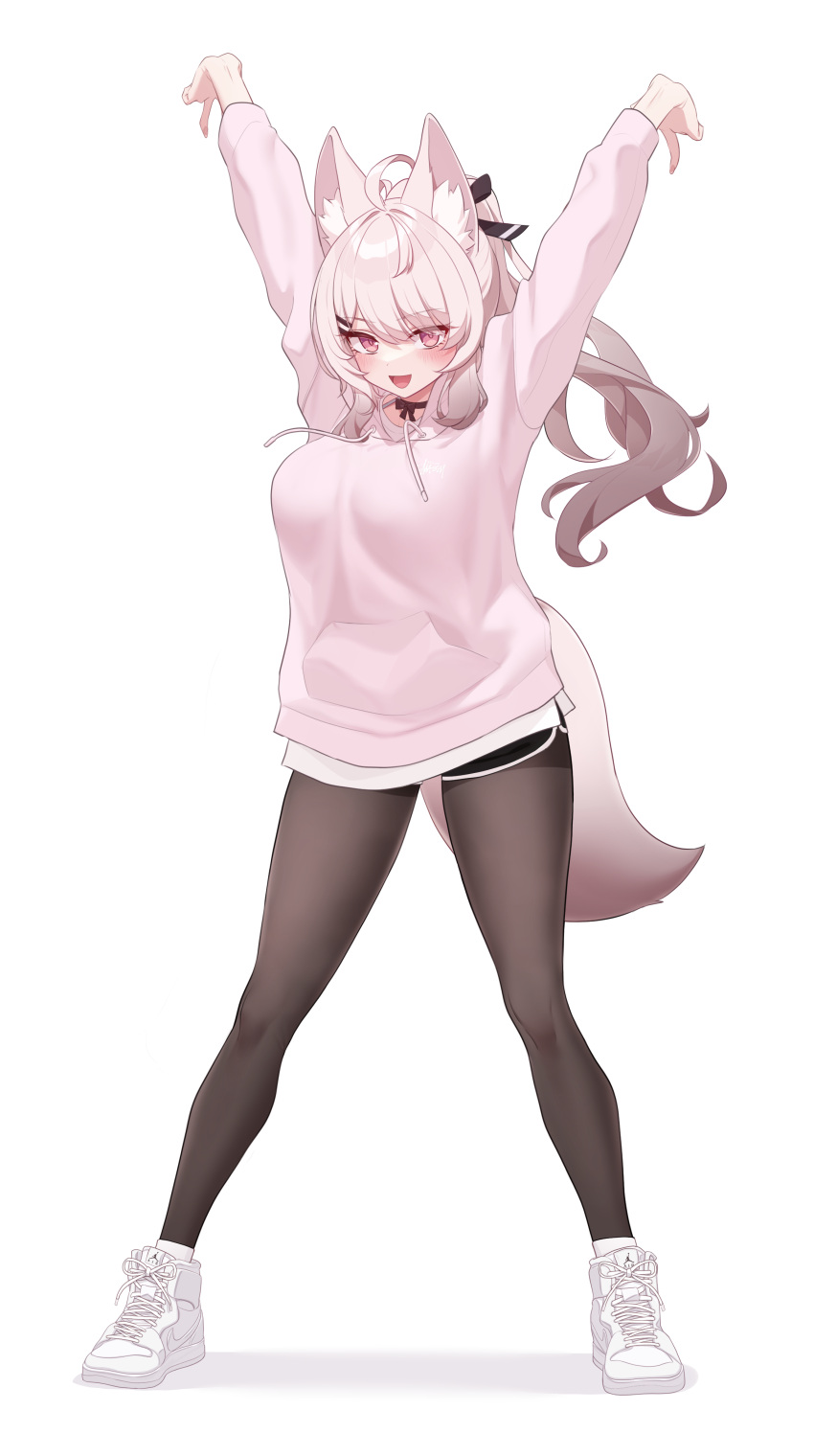 absurdres animal_ear_fluff animal_ears arms_up black_pantyhose black_shorts blush breasts choker female full_body highres large_breasts long_hair looking_at_viewer narynn open_mouth original pantyhose pantyhose_under_shorts pink_eyes shoes short_shorts shorts simple_background smile solo standing tail thighs white_background white_footwear white_hair