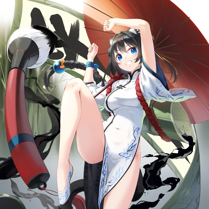 absurdres animal_ears arms_up black_hair blue_eyes braid braided_ponytail calligraphy_brush cat_ears cat_girl cat_tail china_dress chinese_clothes covered_navel dress female giant_brush grin hair_between_eyes highres impossible_clothes impossible_dress kimyo knee_up leg_up long_hair looking_at_viewer original paintbrush pelvic_curtain short_sleeves side_slit skin_tight smile solo tail white_footwear