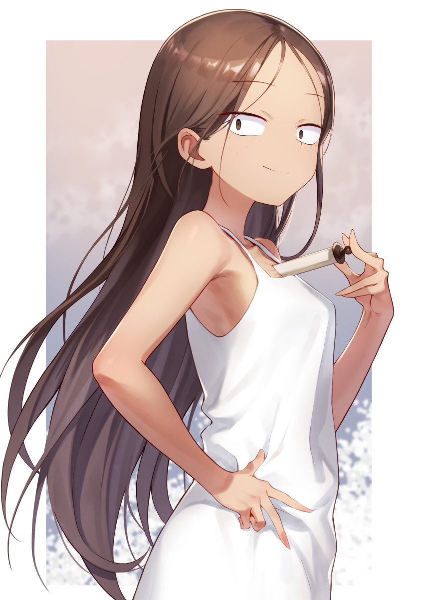 absurdres brown_eyes brown_hair character_request closed_mouth collarbone dress female freckles from_side hand_on_own_hip highres long_hair looking_at_viewer momihige nisemono_no_renkinjutsushi nora_petan smile solo upper_body white_dress