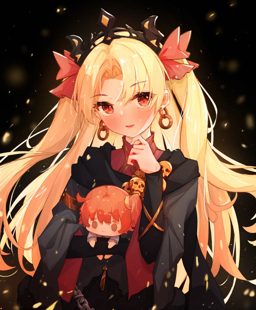 @_@ alternate_color black_dress black_scarf blonde_hair blush breasts chains character_doll chinese_commentary commentary doll dress earrings ereshkigal_(fate) ereshkigal_(third_ascension)_(fate) fate/grand_order fate_(series) female finger_to_own_chin floating_hair fujimaru_ritsuka_(female) gold gold_trim hand_up highres holding holding_doll hoop_earrings jewelry large_breasts layered_sleeves long_hair long_sleeves looking_at_viewer medium_breasts open_mouth orange_eyes parted_bangs red_dress scarf skull smile stuffed_toy tiara two-sided_fabric two-sided_sleeves two_side_up upper_body very_long_hair wide_sleeves yorurui_sansan