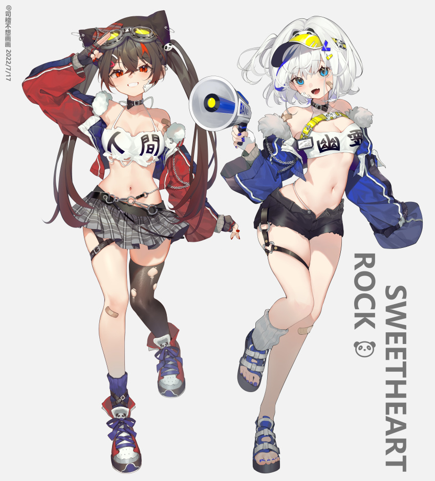 2girls :d absurdres arm_up bandaid bandaid_on_face bandaid_on_knee bandaid_on_leg bare_legs black_collar black_shorts black_thighhighs blue_eyes blue_hair blue_jacket blue_nails blush breasts brown_hair cleavage collar crop_top cropped_jacket fingerless_gloves gloves goggles goggles_on_head gradient_hair grey_skirt grin hair_between_eyes hair_ornament hairclip hat highres holding holding_megaphone jacket layered_sleeves long_hair long_sleeves looking_at_viewer medium_breasts megaphone midriff miniskirt moriyama_meiko multicolored_hair multiple_girls nail_polish navel oerba_yun_fang open_clothes open_jacket original panty_straps plaid plaid_skirt pleated_skirt red_eyes red_hair red_jacket red_nails sandals shoes short_hair short_shorts shorts single_sock single_thighhigh skin_fang skirt smile socks streaked_hair thigh_strap thighhighs toenail_polish toenails torn_clothes torn_thighhighs twintails very_long_hair visor_cap white_gloves white_hair white_socks