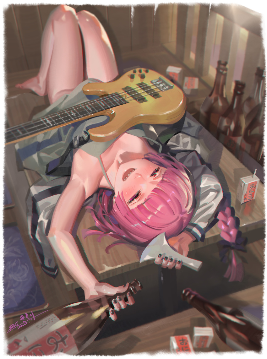 @_@ absurdres alcohol alcohol_carton alphonse_(white_datura) armpits barefoot bass_guitar black_bow black_nails blush bocchi_the_rock! bottle bow braid dress drunk female funnel green_dress hairbow highres hiroi_kikuri holding indoors instrument jacket long_hair lying on_back open_mouth purple_eyes purple_hair sake sake_bottle sharp_teeth single_braid smile solo teeth upper_teeth_only