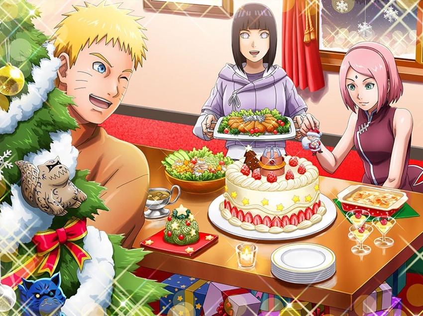 1boy 2girls blonde_hair blue_eyes boruto:_naruto_next_generations cake christmas christmas_cake christmas_tree food green_eyes hyuuga_hinata matatabi_(naruto) multiple_girls naruto_(series) official_art pink_hair sakura_haruno shukaku_(naruto) uzumaki_naruto