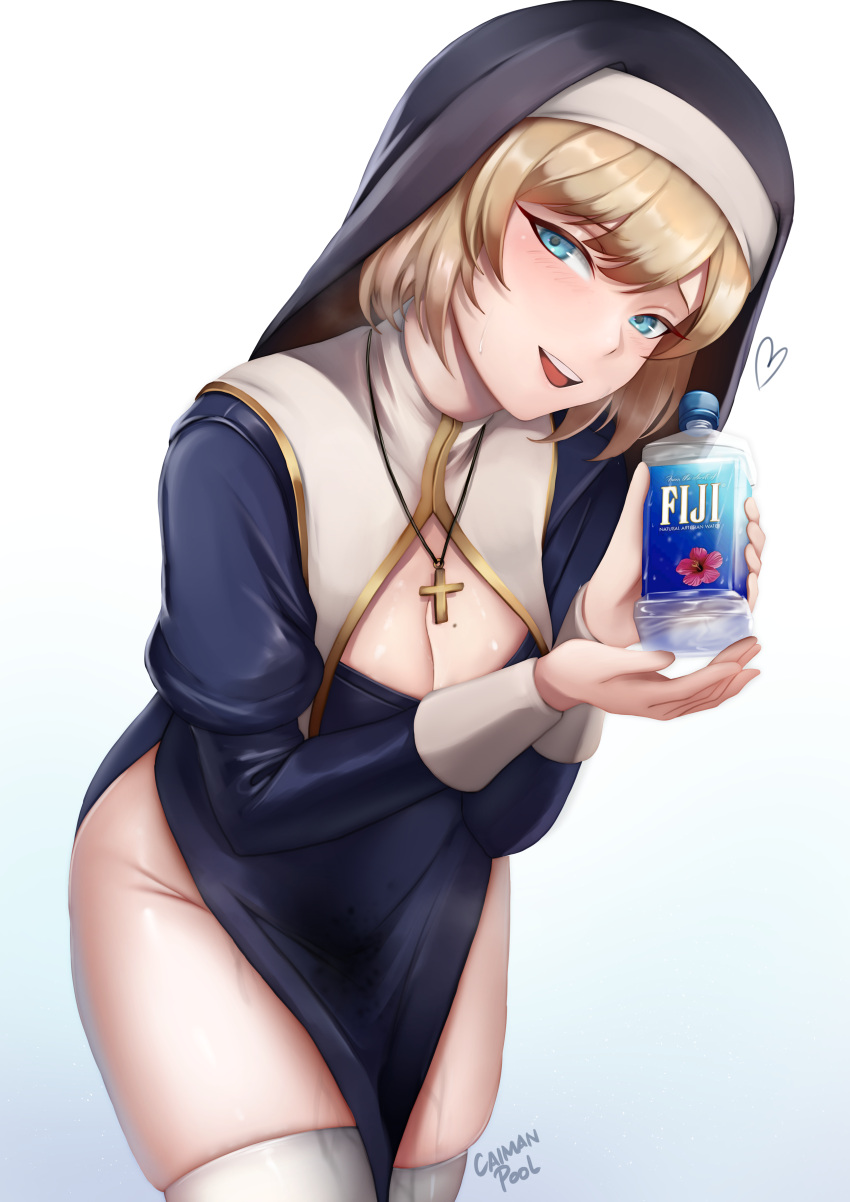 absurdres black_robe blonde_hair blue_background blue_eyes bottle breasts caiman_pool cleavage_cutout clothing_cutout cross cross_necklace female fiji_water gradient_background habit heart highres holding holding_bottle jewelry leaning_forward long_sleeves looking_at_viewer mole mole_on_breast necklace nun original robe short_hair smile solo standing thighhighs water_bottle white_background white_thighhighs