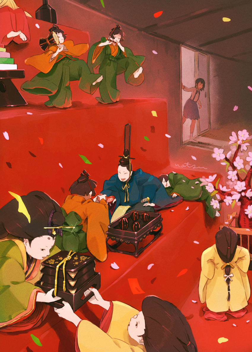 absurdres black_hair blue_kimono blue_skirt chin_strap commentary_request confetti doll drum female flower green_kimono highres hina_ningyou hinadan hinamatsuri indoors instrument japanese_clothes kimono layered_clothes layered_kimono long_hair music natsu3summer orange_kimono original pink_flower playing_flute playing_instrument saishi school_uniform shirt short_hair skirt socks solo_focus suspender_skirt suspenders table tree tsuzumi white_legwear white_shirt yellow_kimono