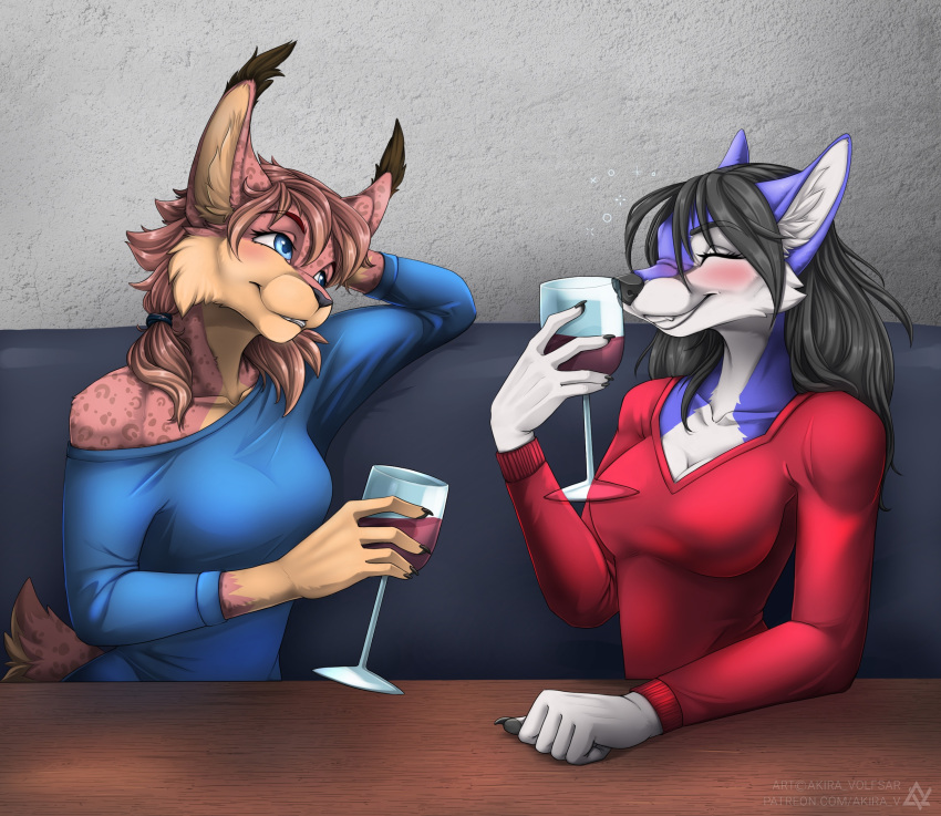 2022 5_fingers akira_volfsar anthro blue_eyes breasts brown_hair bubble canid canine clothed clothing digital_media_(artwork) drunk drunk_bubble dunk duo eyebrows eyelashes felid feline female fingers hair hi_res lyn_(thatsaurguy) lynx mammal marcela smile substance_intoxication