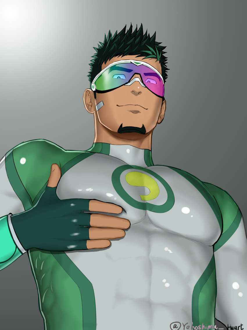 1boy bandaid bandaid_on_cheek bandaid_on_face bandaid_on_nose bara black_hair bodysuit covered_abs dark-skinned_male dark_skin facial_hair fingerless_gloves from_below gloves goatee grabbing grabbing_own_pectoral green_bodysuit green_hair highres jashin_doruton kyoichi_(live_a_hero) large_pectorals live_a_hero looking_at_viewer male_focus multicolored_hair muscular muscular_male pectoral_lift pectorals short_hair sideburns smirk smug solo streaked_hair superhero_costume upper_body white_bodysuit